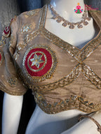 Beige Pure Upada Silk Gota Patti Blouse for Wedding Guest | Designer Collection