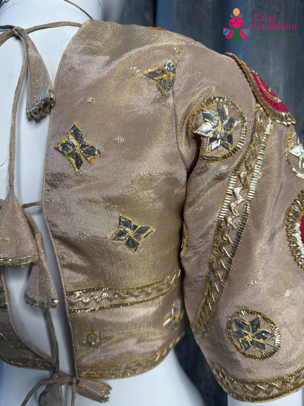 Beige Pure Upada Silk Gota Patti Blouse for Wedding Guest | Designer Collection