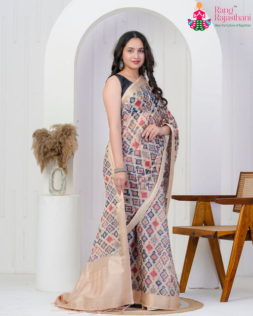 Cream PureSilk saree with Zari side drape view