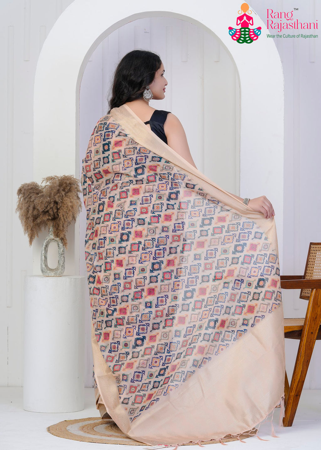 Cream PureSilk saree with Zari back view