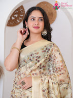 Yellow Imported saree with Printed close up detailing