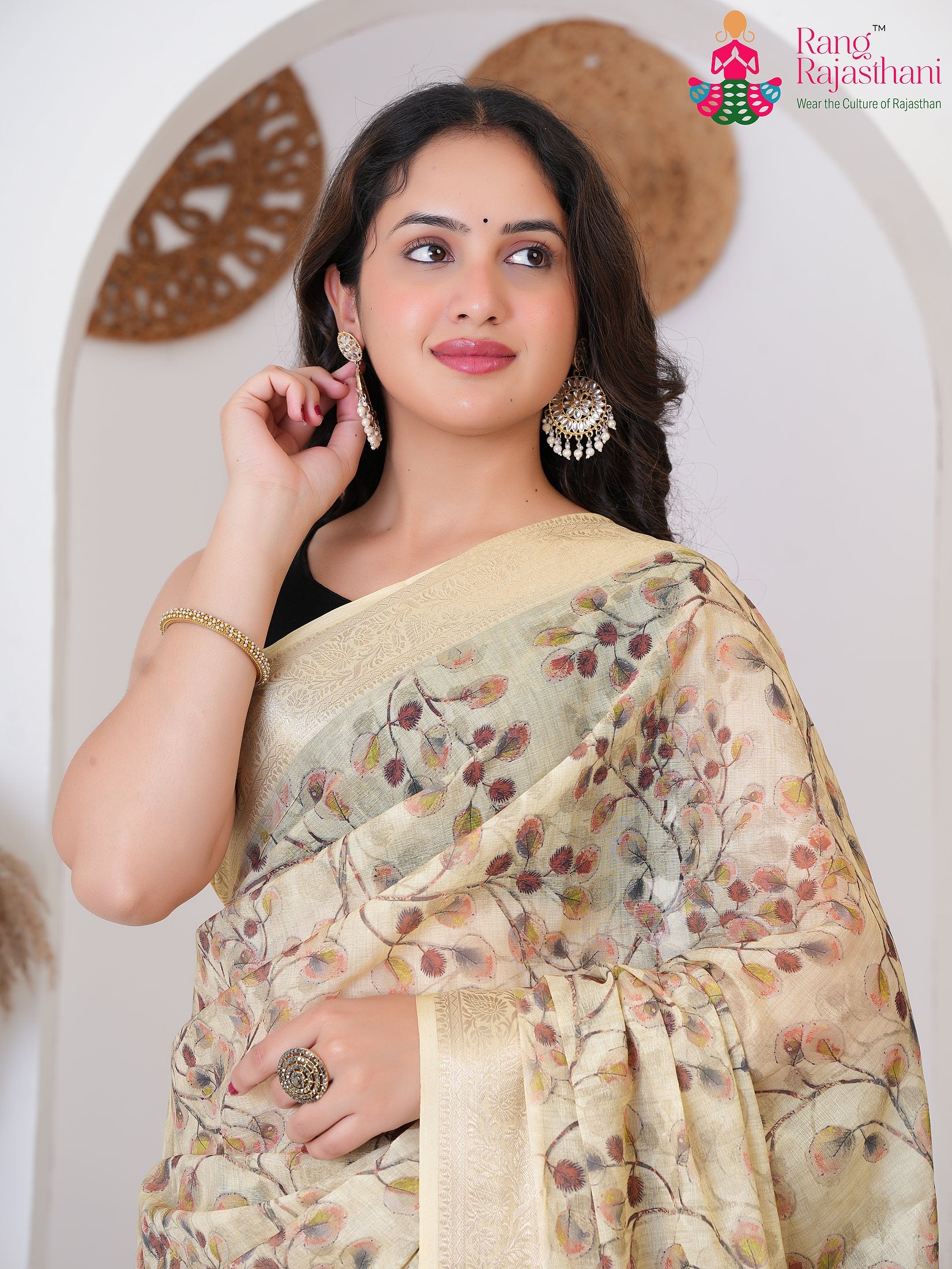Yellow Imported saree with Printed close up detailing