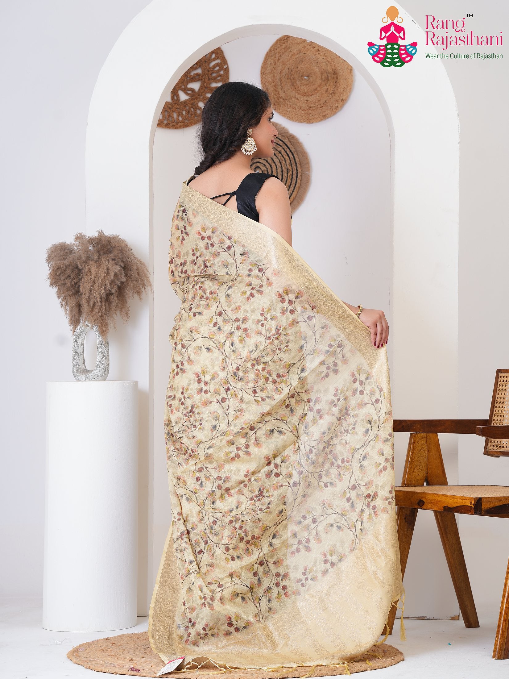 Yellow Imported saree with Printed back view