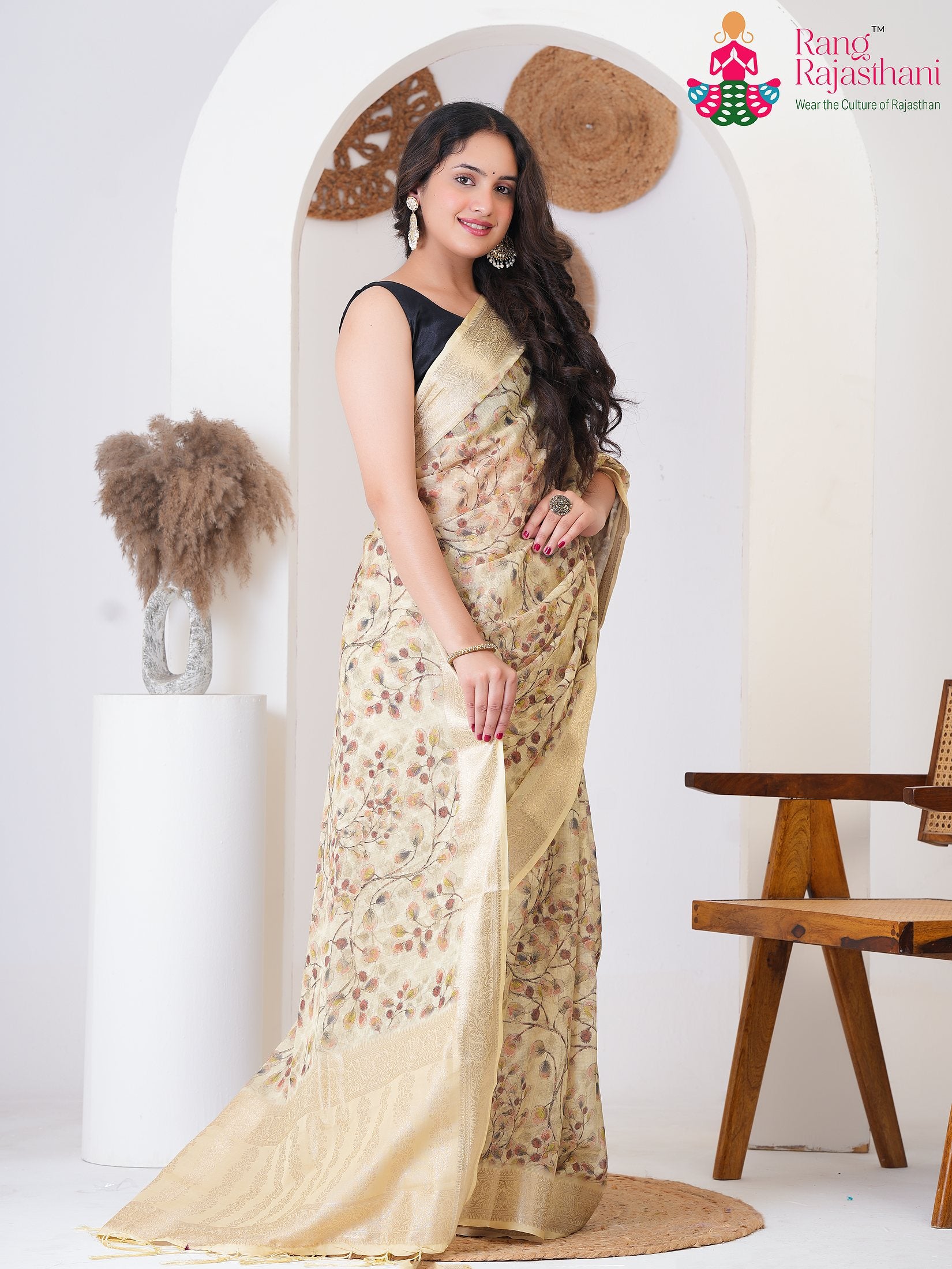 Yellow Imported saree with Printed side drape view