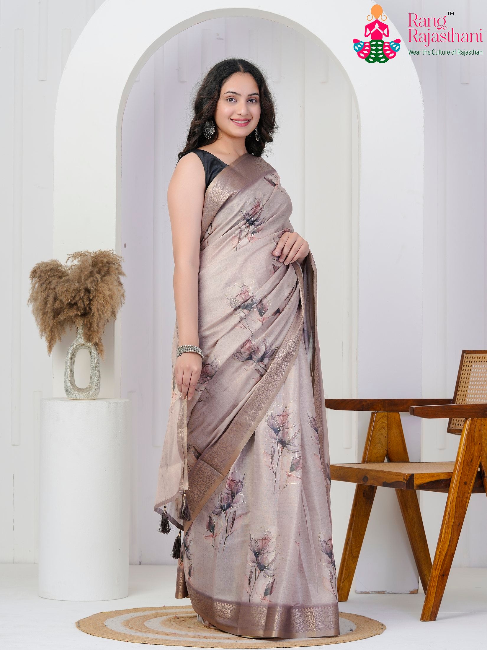 Mustard Imported saree with Printed side drape view