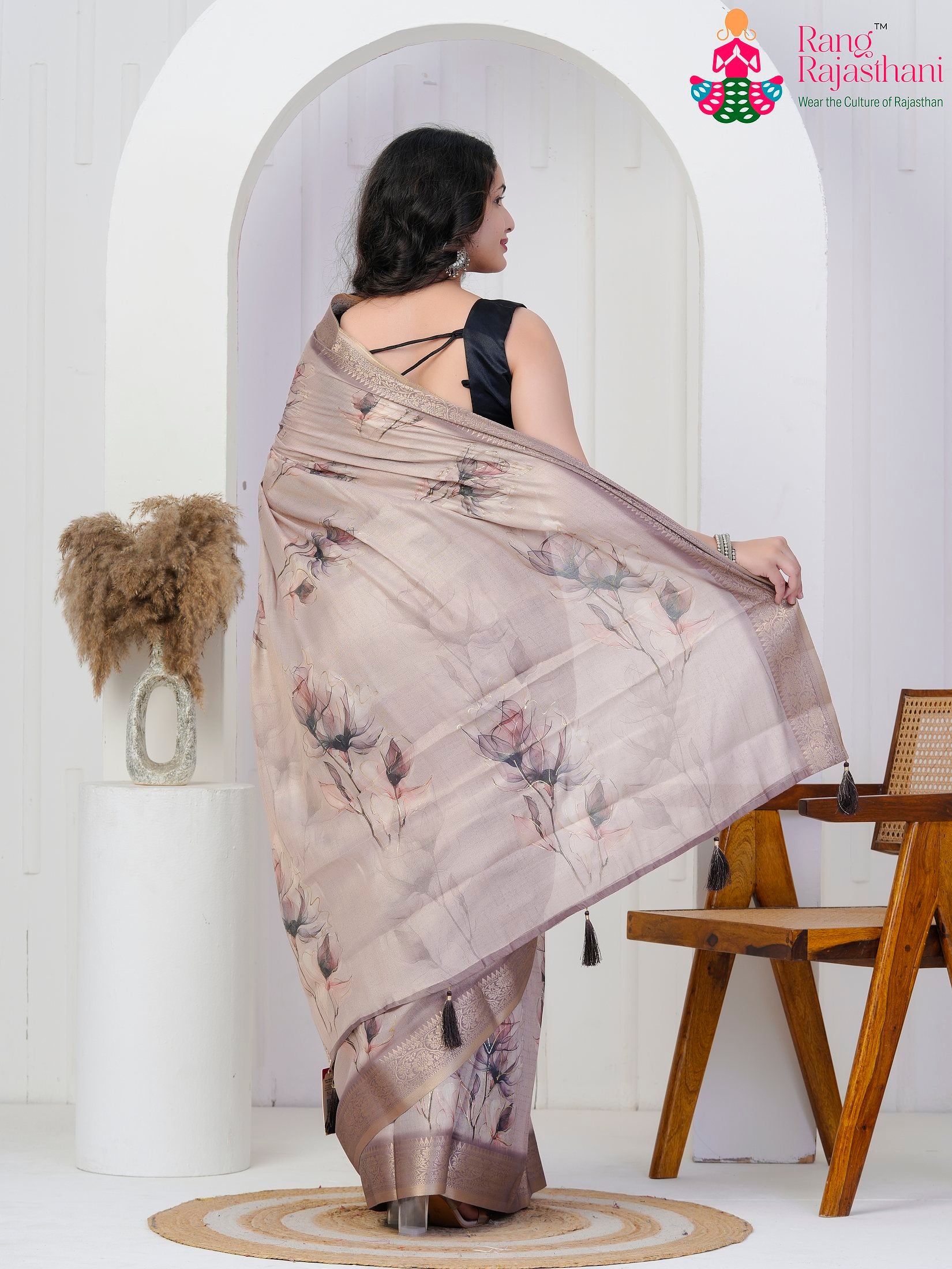 Mustard Imported saree with Printed back view