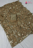 complete look of beige synthetic sequin saree
