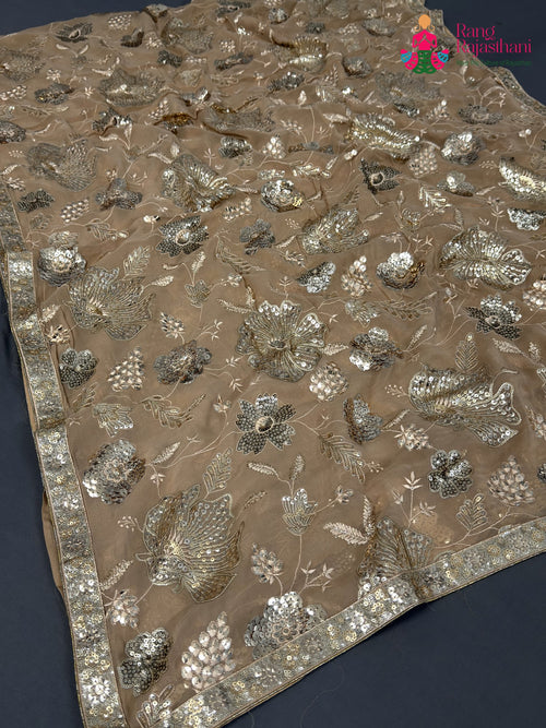 Beige Synthetic Sequin Saree for Bridal | Signature Drape