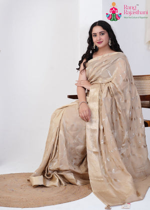 Beige Pure Ho Silk Sequin Saree for Wedding Guest | Refined Pick