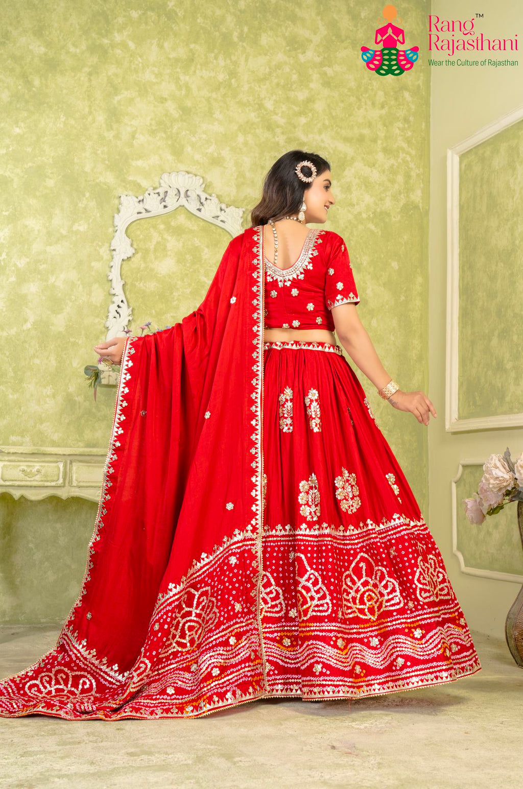 Red Gaji silk Lehenga Chunni | Rang Rajasthani Lehenga