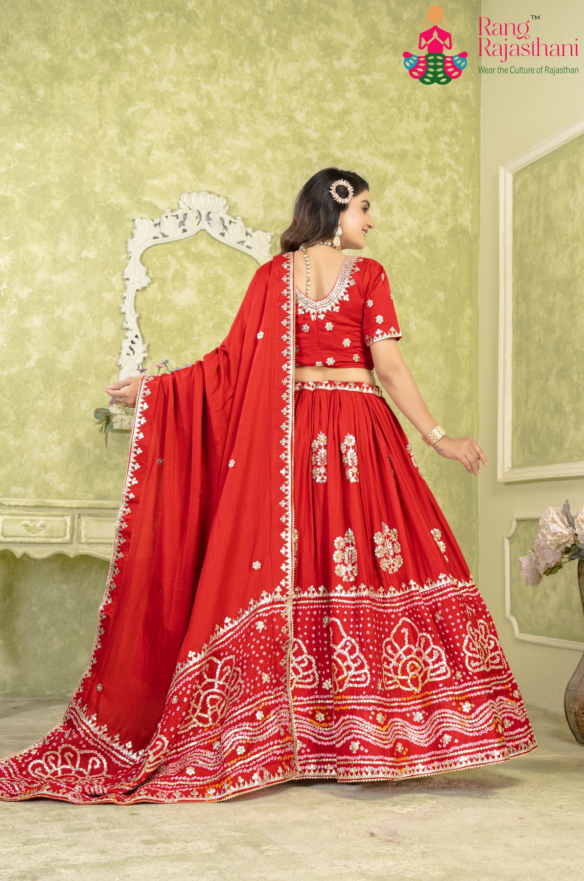 Red Gaji silk Lehenga Chunni | Rang Rajasthani Lehenga
