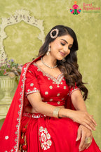 Red Gaji Silk saree with Gotta Patti Work close up detailing