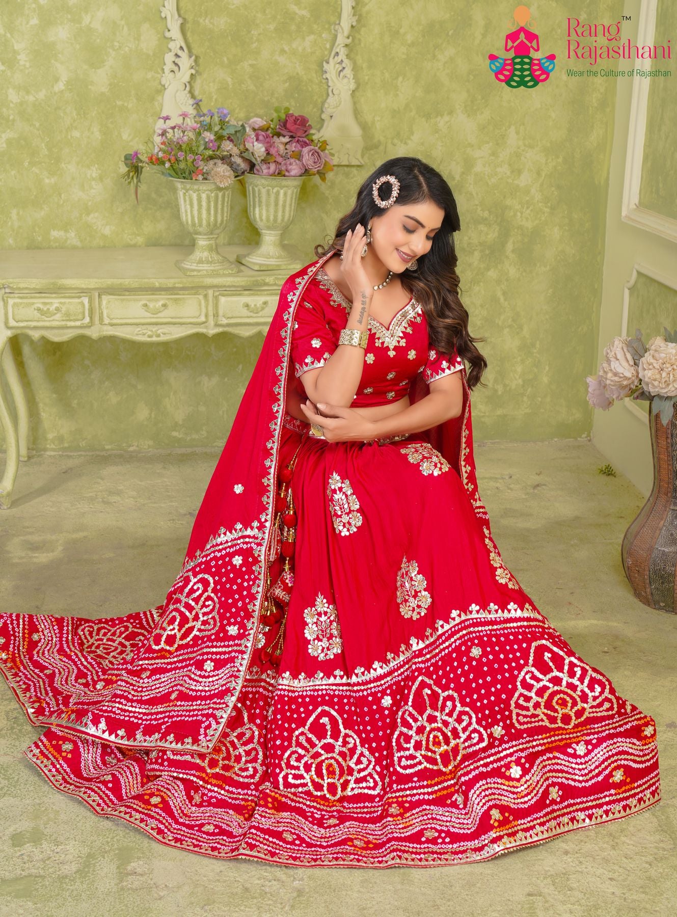 Red Gaji silk Lehenga Chunni | Rang Rajasthani Lehenga