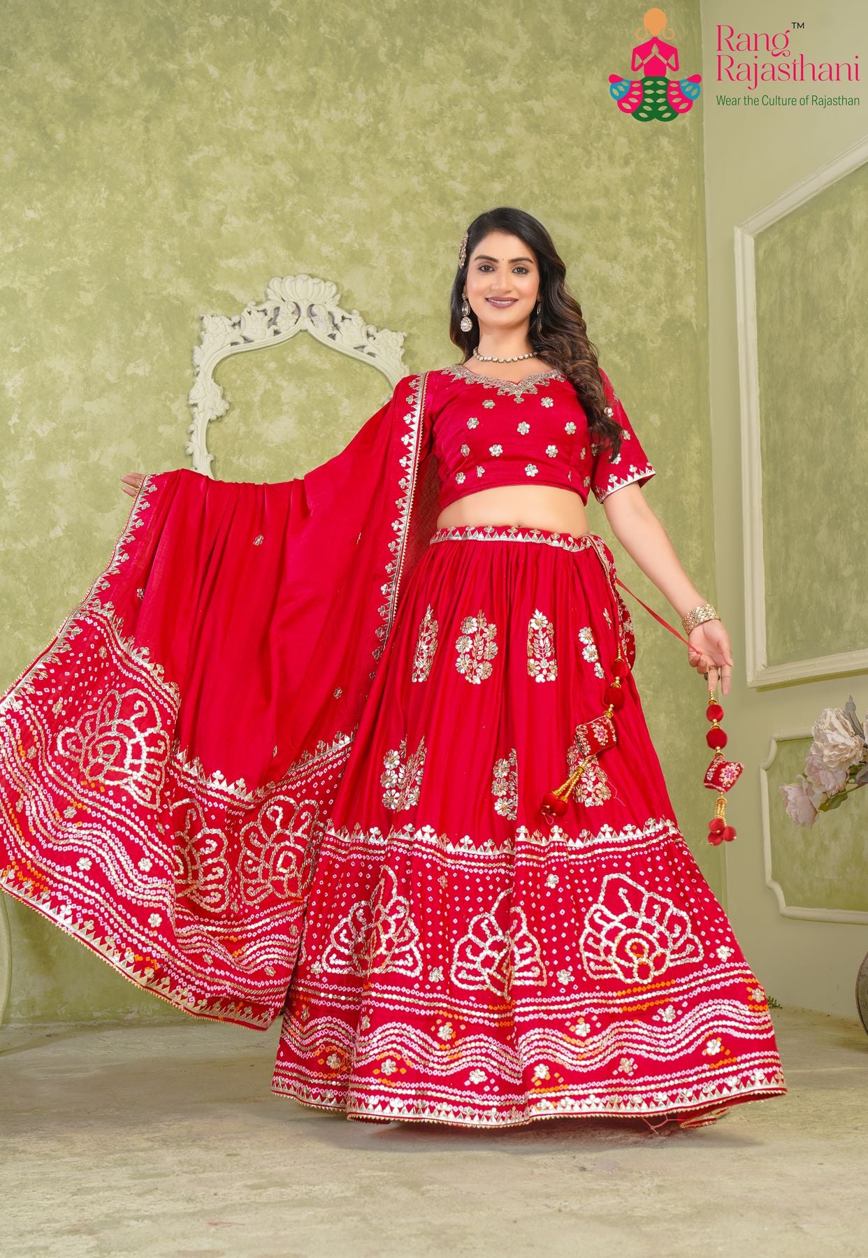 Red Gaji silk Lehenga Chunni | Rang Rajasthani Lehenga