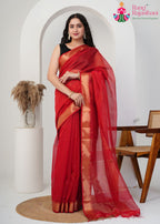 Red Pure Maheshwari Silk office party saree with Khaddi Work from Rang Rajasthani