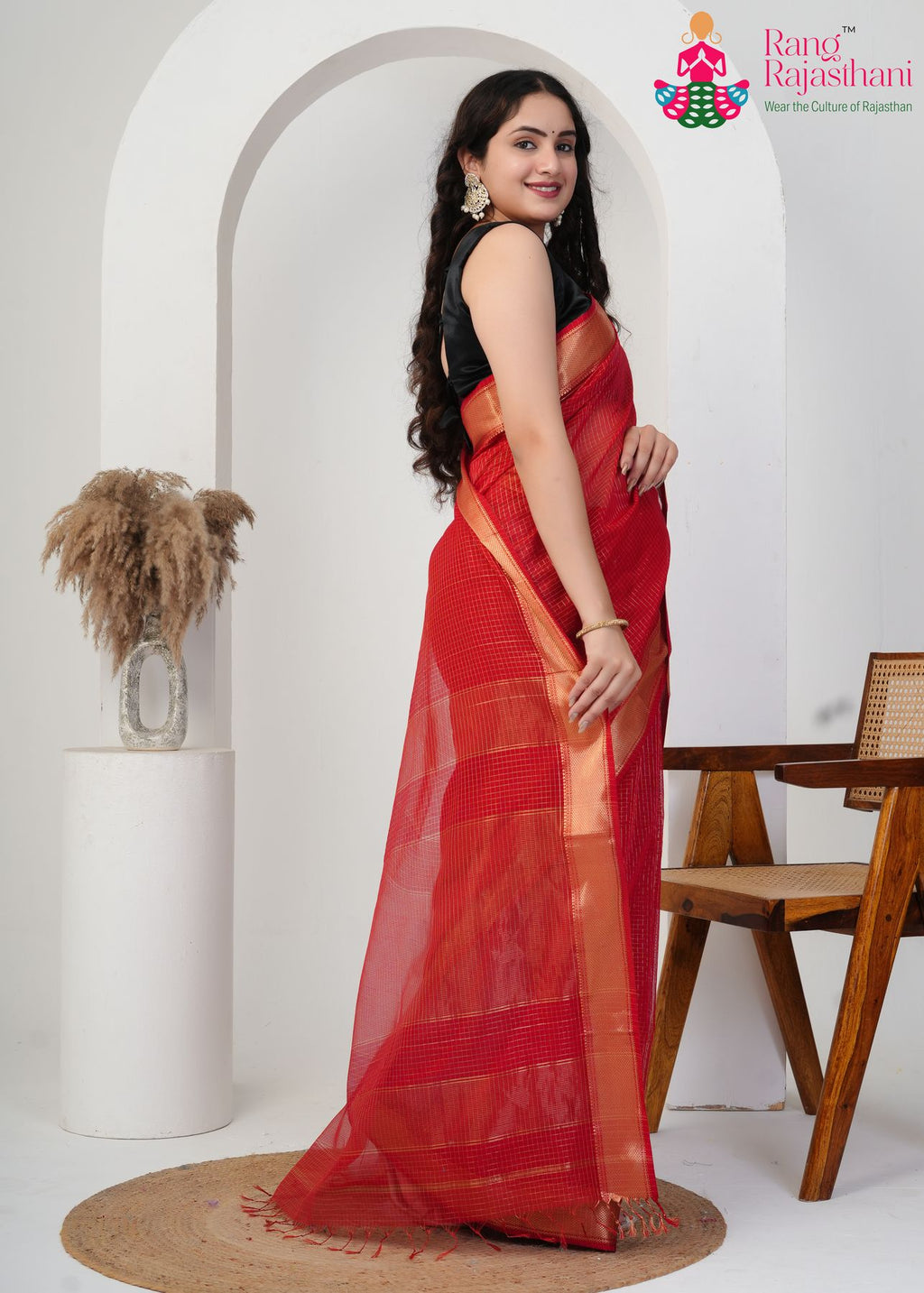 Red Pure Maheshwari Silk saree with Khaddi Work pallu detailing