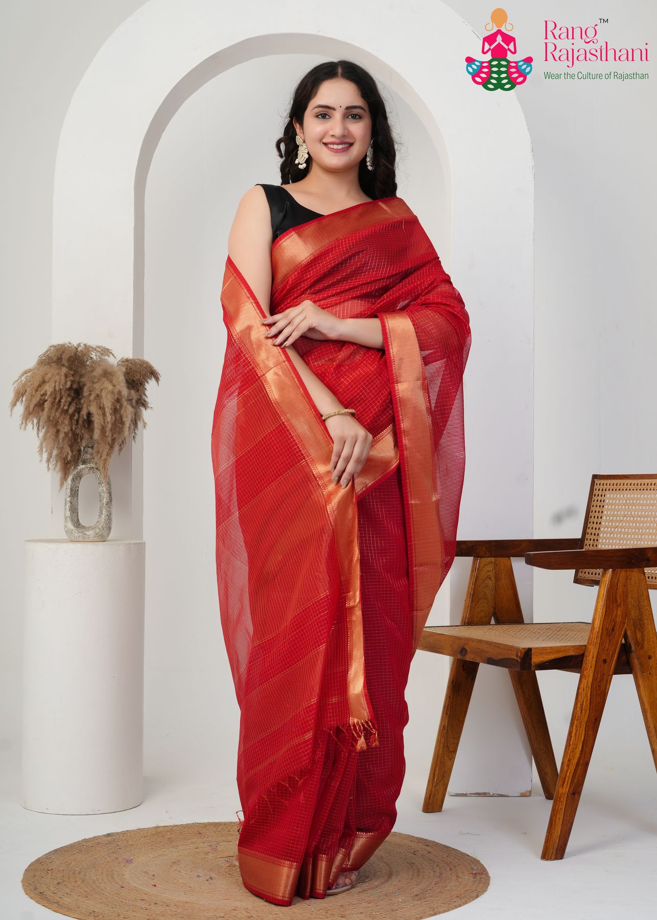 Red Pure Maheshwari Silk saree with Khaddi Work border detailing