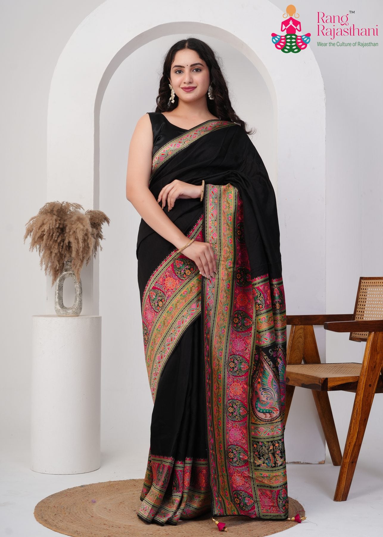 Black Premium Silk Look Position Print Saree : Royal Midnight