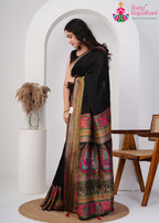 Black Pure Silk saree with Handcrafted side drape view