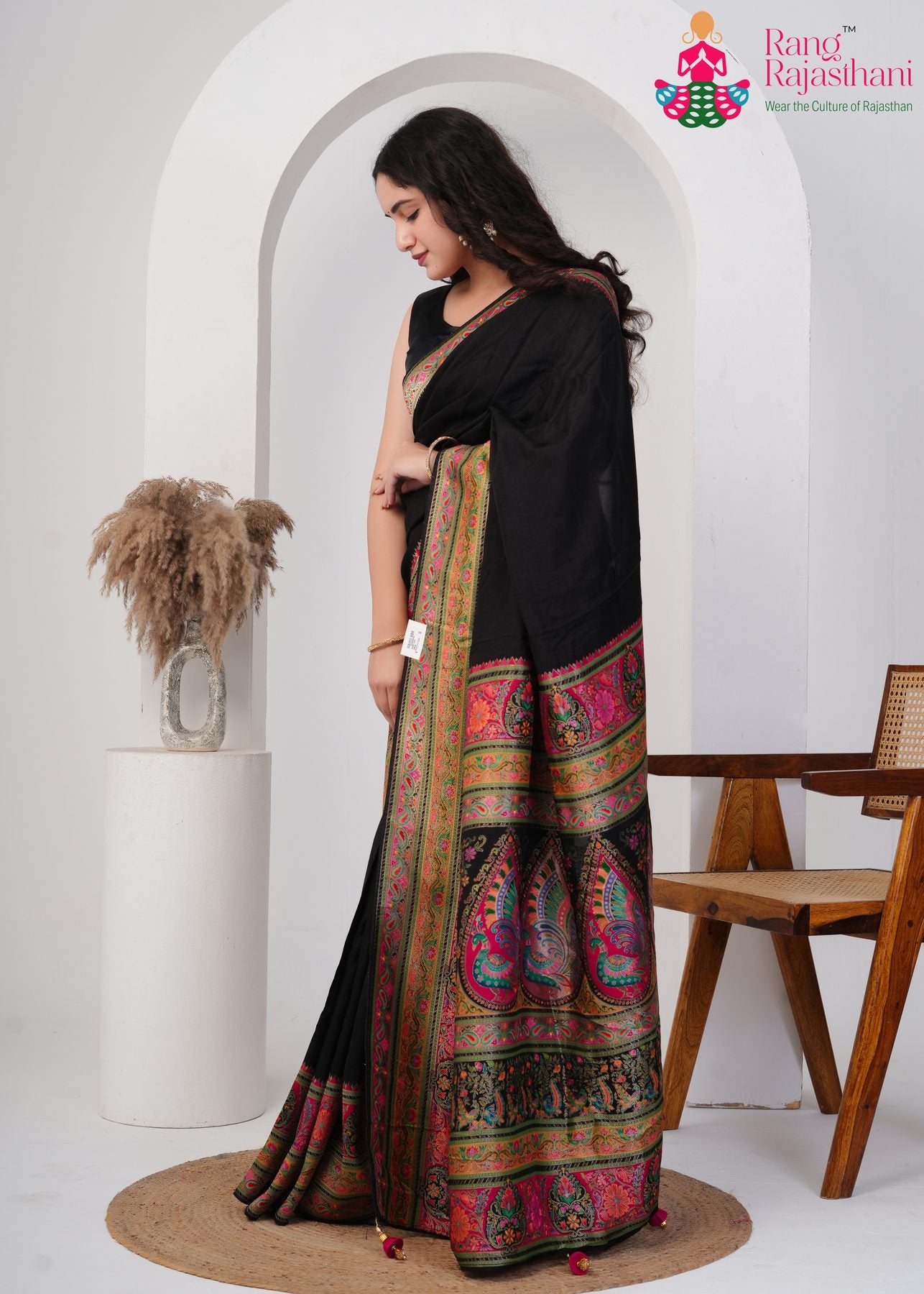 Black Premium Silk Look Position Print Saree : Royal Midnight
