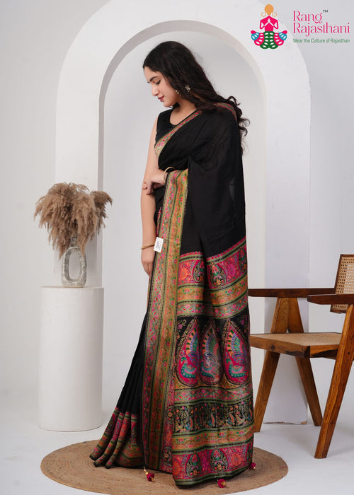Black Pure Silk saree with Handcrafted side drape view