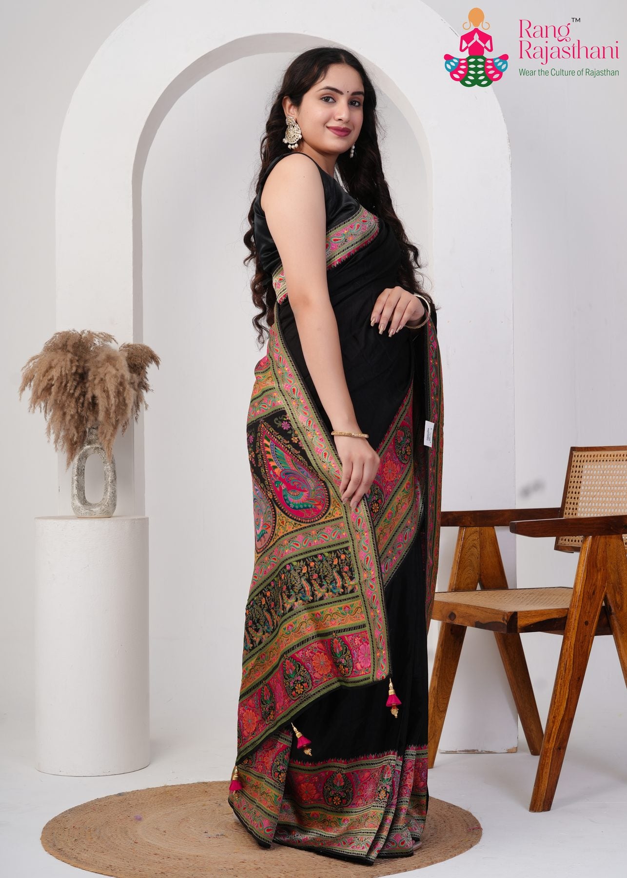 Black Premium Silk Look Position Print Saree : Royal Midnight