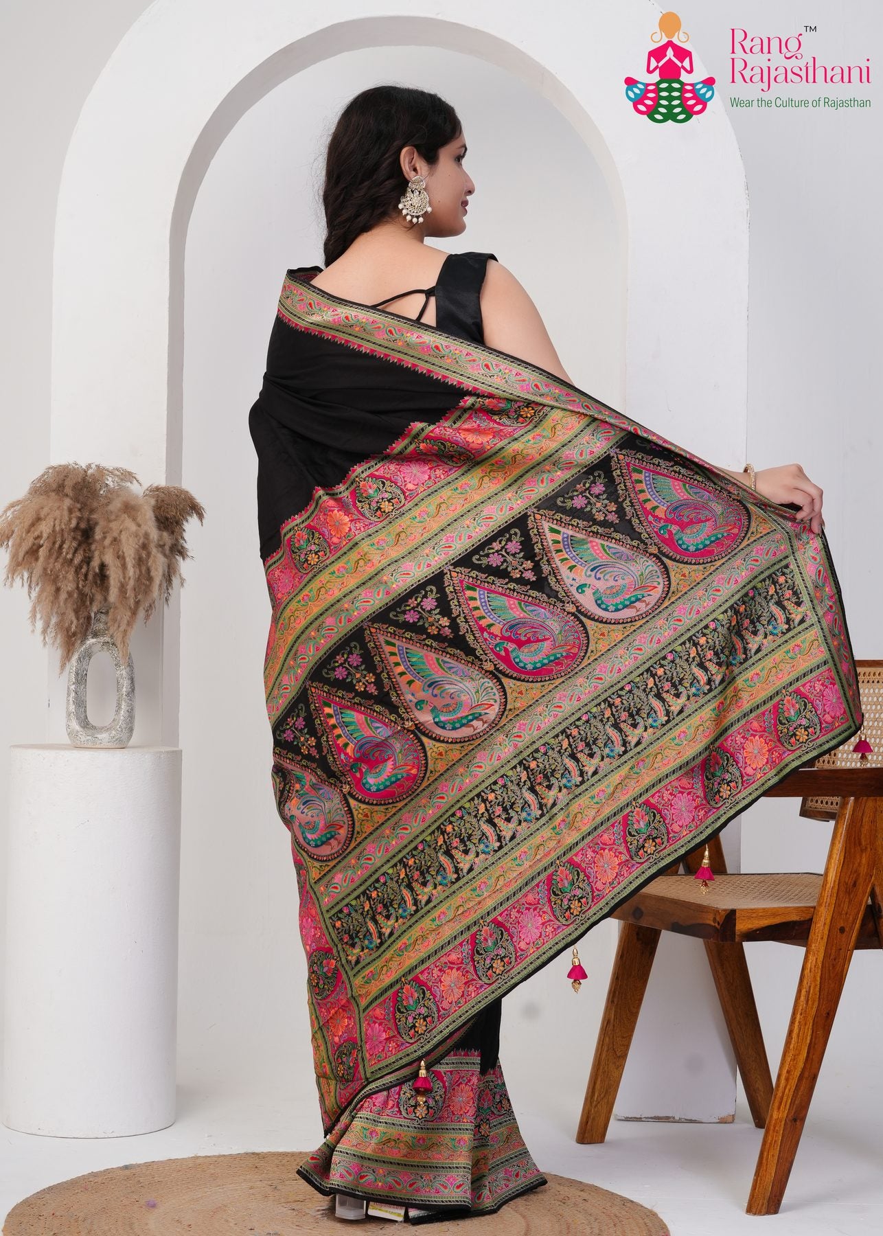 Black Premium Silk Look Position Print Saree : Royal Midnight