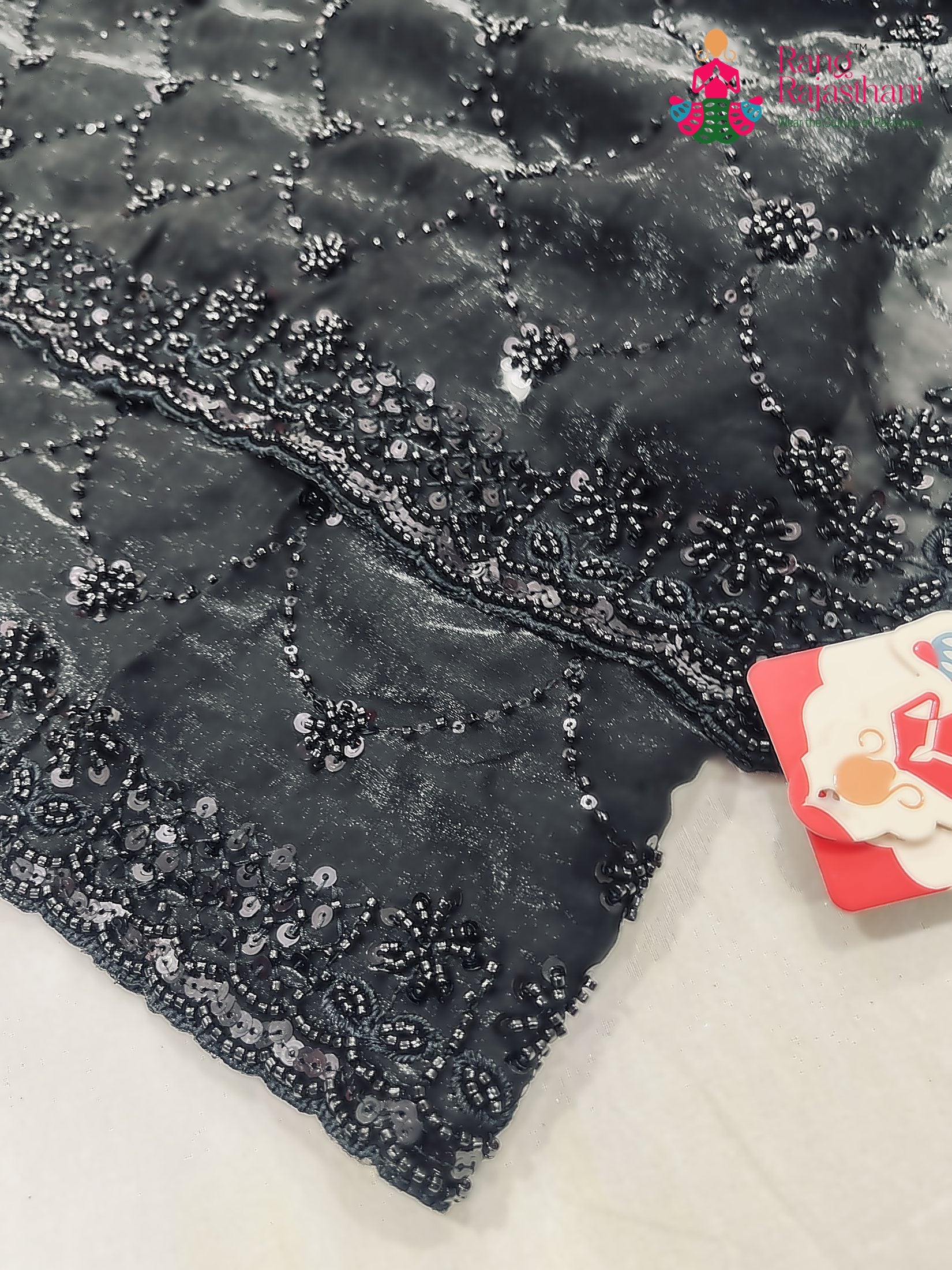 complete look of black art silk sequin saree 