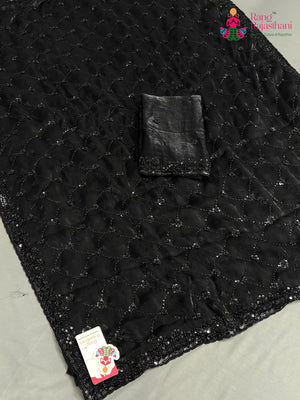 Black Shimmer Satin Hand Embellishment Saree for Wedding Reception | Reception Wear