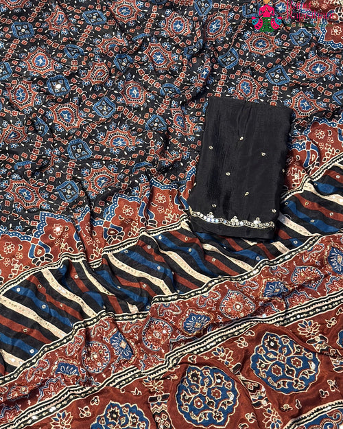 Black Chinnon Ajrakh Print Saree for Wedding Reception | Premium Pick