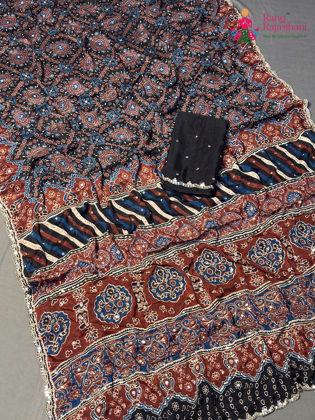 Black Chinnon Ajrakh Print Saree for Wedding Reception | Premium Pick