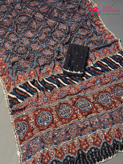 Black Chinnon Ajrakh Print Saree for Wedding Reception | Premium Pick