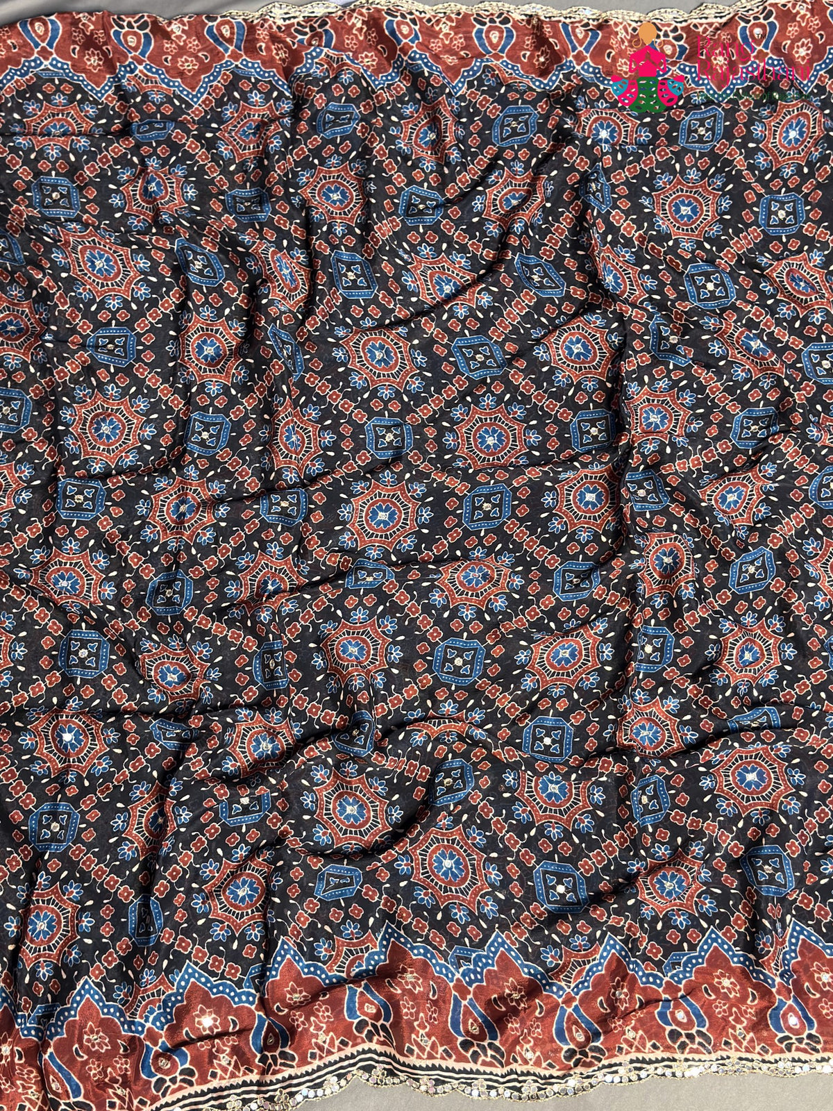 Black Chinnon Ajrakh Print Saree for Wedding Reception | Premium Pick