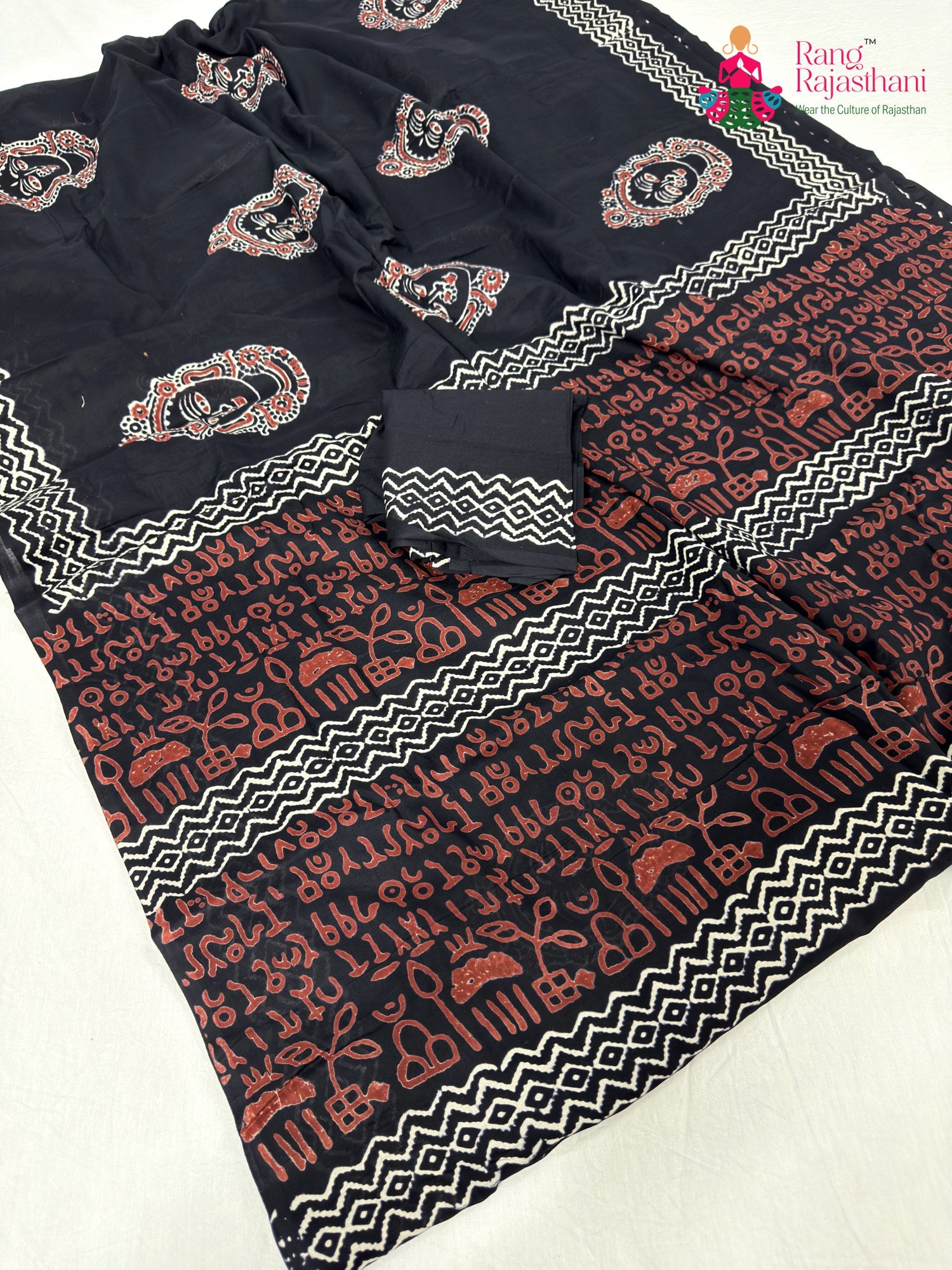 black cotton block print saree for casual wear by Rang Rajasthani