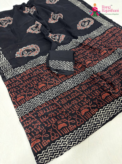Black Cotton Block Print Saree : Glow Ease main-image