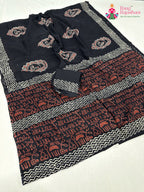 pallu detailing of black cotton block print saree