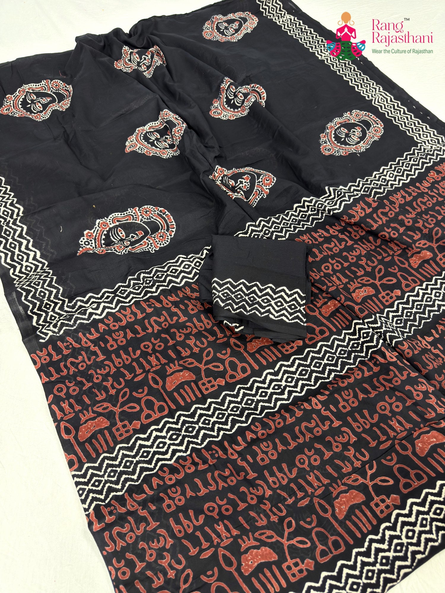 close up detailing of black cotton block print saree