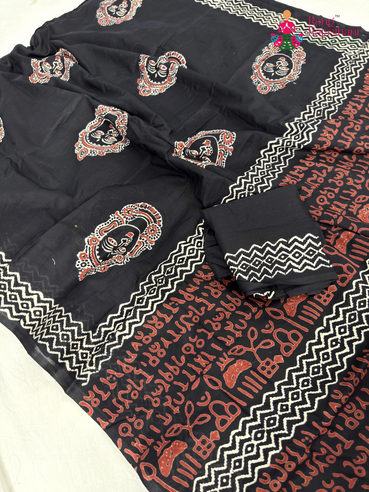 complete look of black cotton block print saree