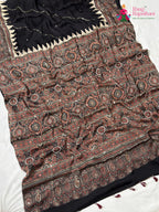 full view of black modal ajrakh print saree