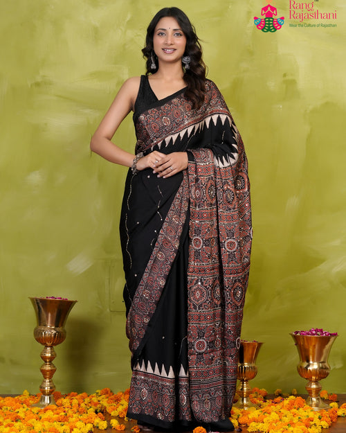 Black Modal Ajrakh Print Saree for Wedding Reception | Shop Now