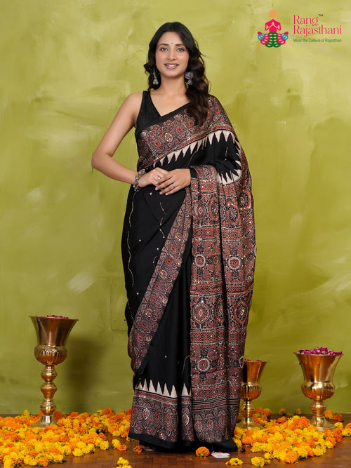 Black Modal Ajrakh Print Saree for Wedding Reception | Shop Now main-image