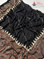 color and weave of black modal ajrakh print saree