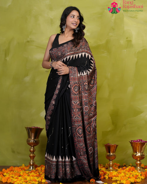 Black Modal Ajrakh Print Saree for Wedding Reception | Shop Now