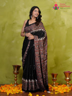 pallu detailing of black modal ajrakh print saree