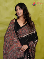design pattern of black modal ajrakh print saree