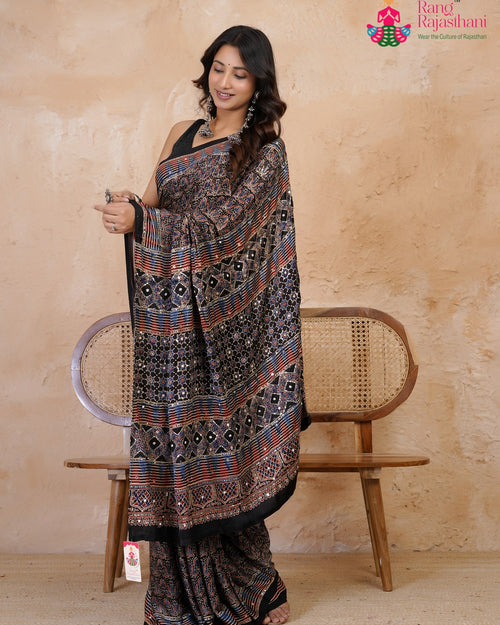 Black Modal Ajrakh Print Saree for Wedding Reception | Designer Saree