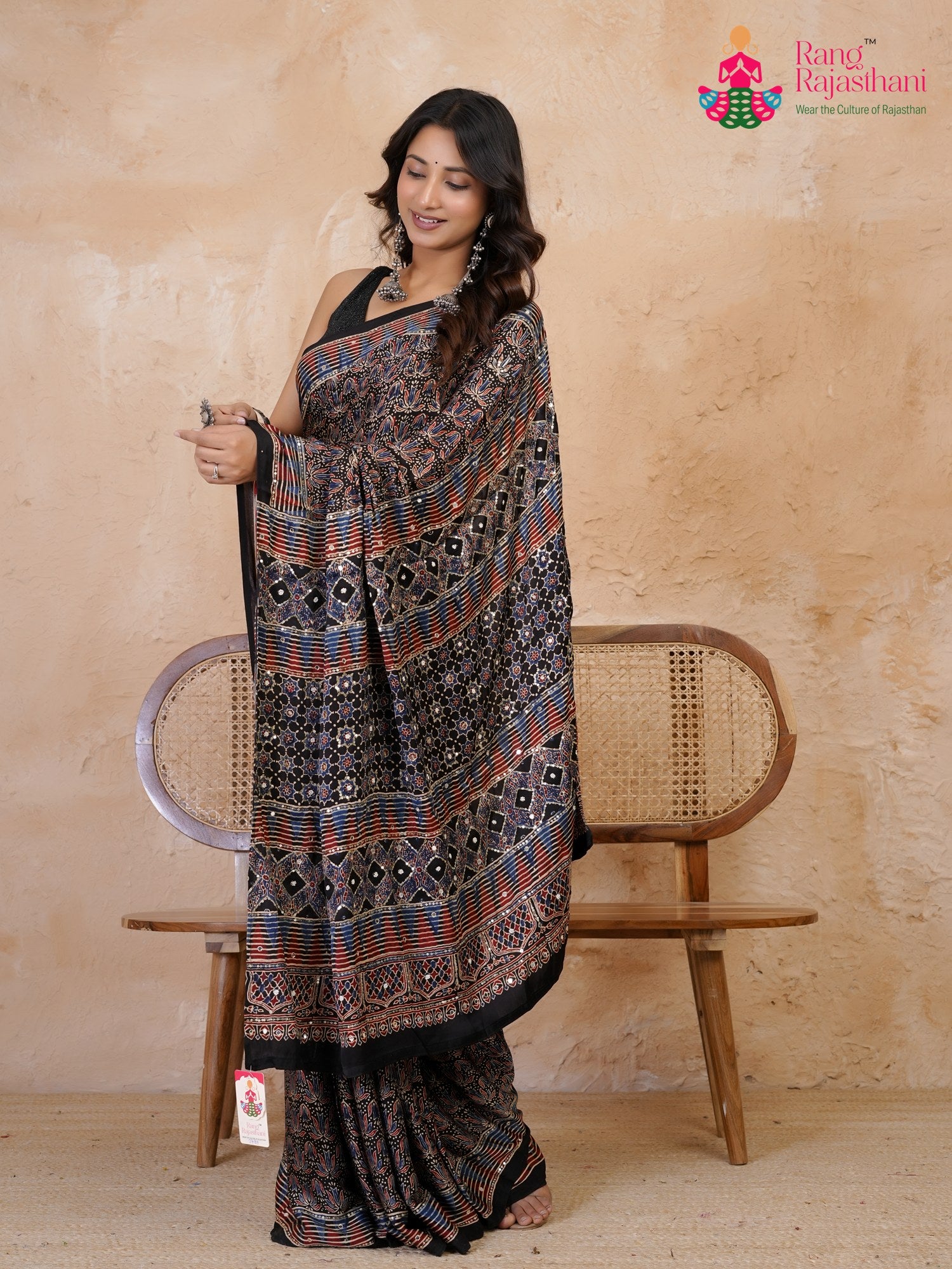 pallu detailing of black modal ajrakh print saree