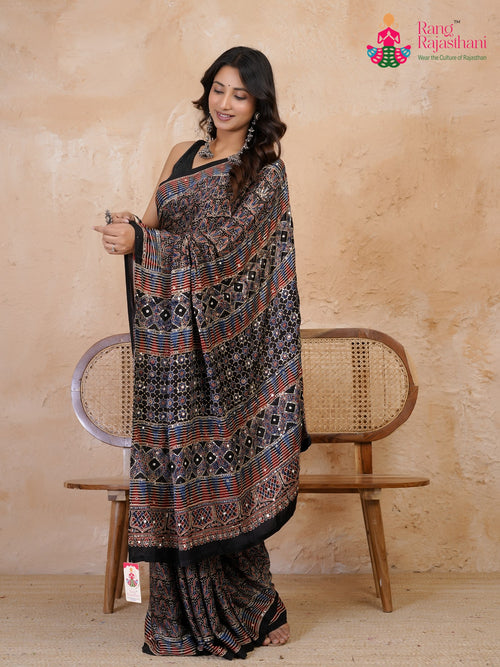Black Modal Ajrakh Print Saree for Wedding Reception | Designer Saree main-image
