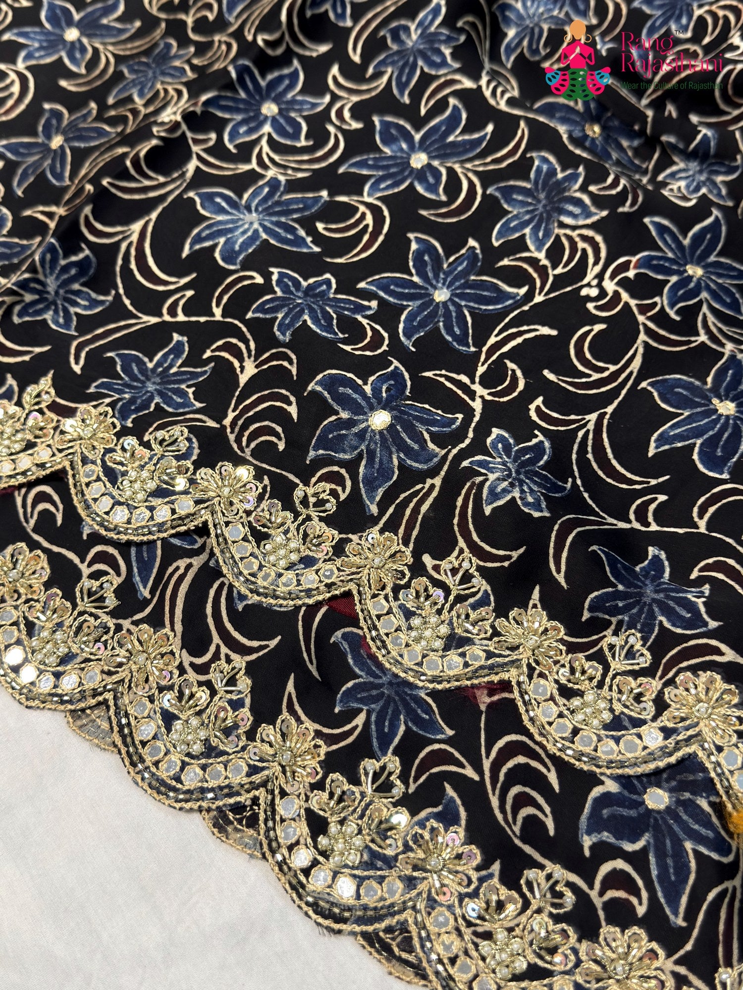 complete look of black modal ajrakh print saree