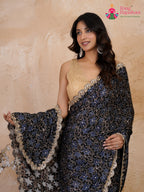 full view of black modal ajrakh print saree